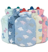 HWB pastel plush hot water bag for pain relief set with cloud star and heart patterns soft fleece covers